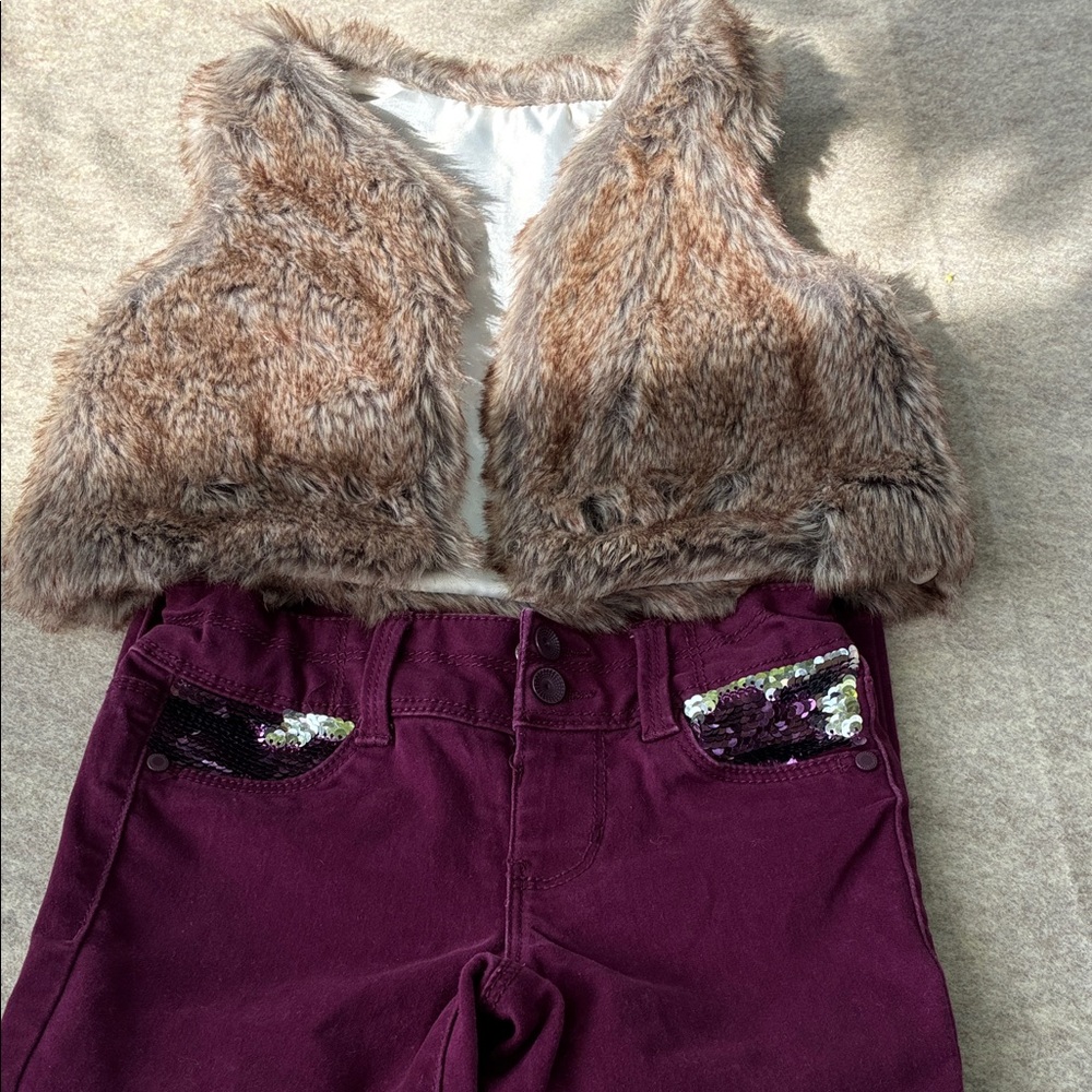 Sonoma Girls Faux Fur Vest with Plum Sequin Pocket Pants